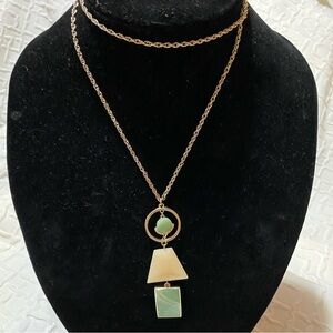 Loft Necklace Green Cream Geometric Gold Tone Long Clasp